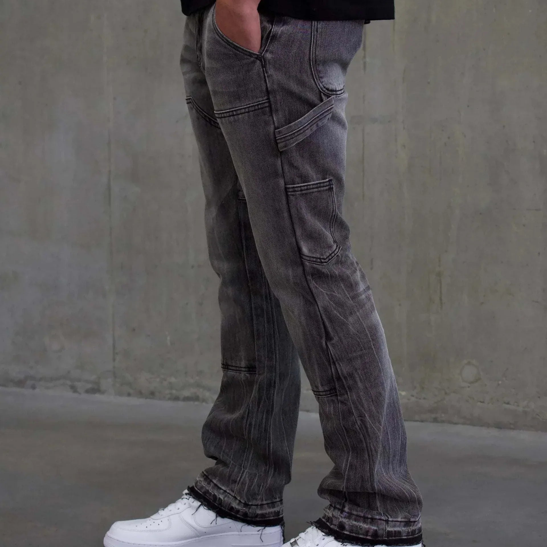 Siarr Carpenter Jeans Dark Grey, slim flared fit, patchwork, multiple pockets.