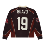 Suavo World maroon long sleeve rugby polo shirt with number 19 on back