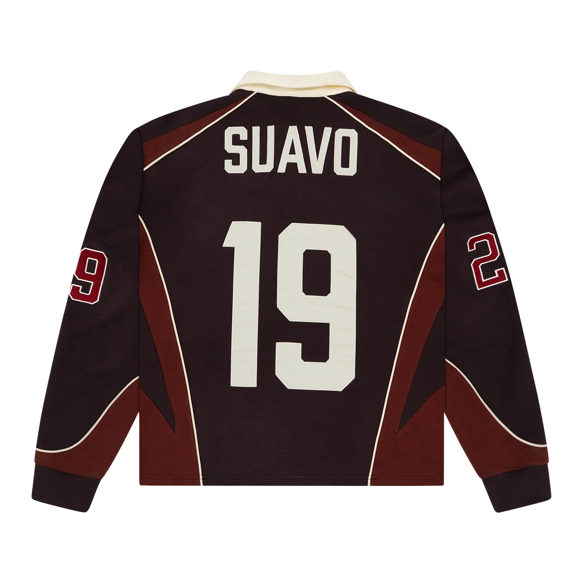 Suavo World maroon long sleeve rugby polo shirt with number 19 on back