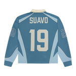 Suavo World Saint Valley rugby long sleeve polo shirt in powder blue with number 19 back design