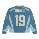 Suavo World Saint Valley rugby long sleeve polo shirt in powder blue with number 19 back design