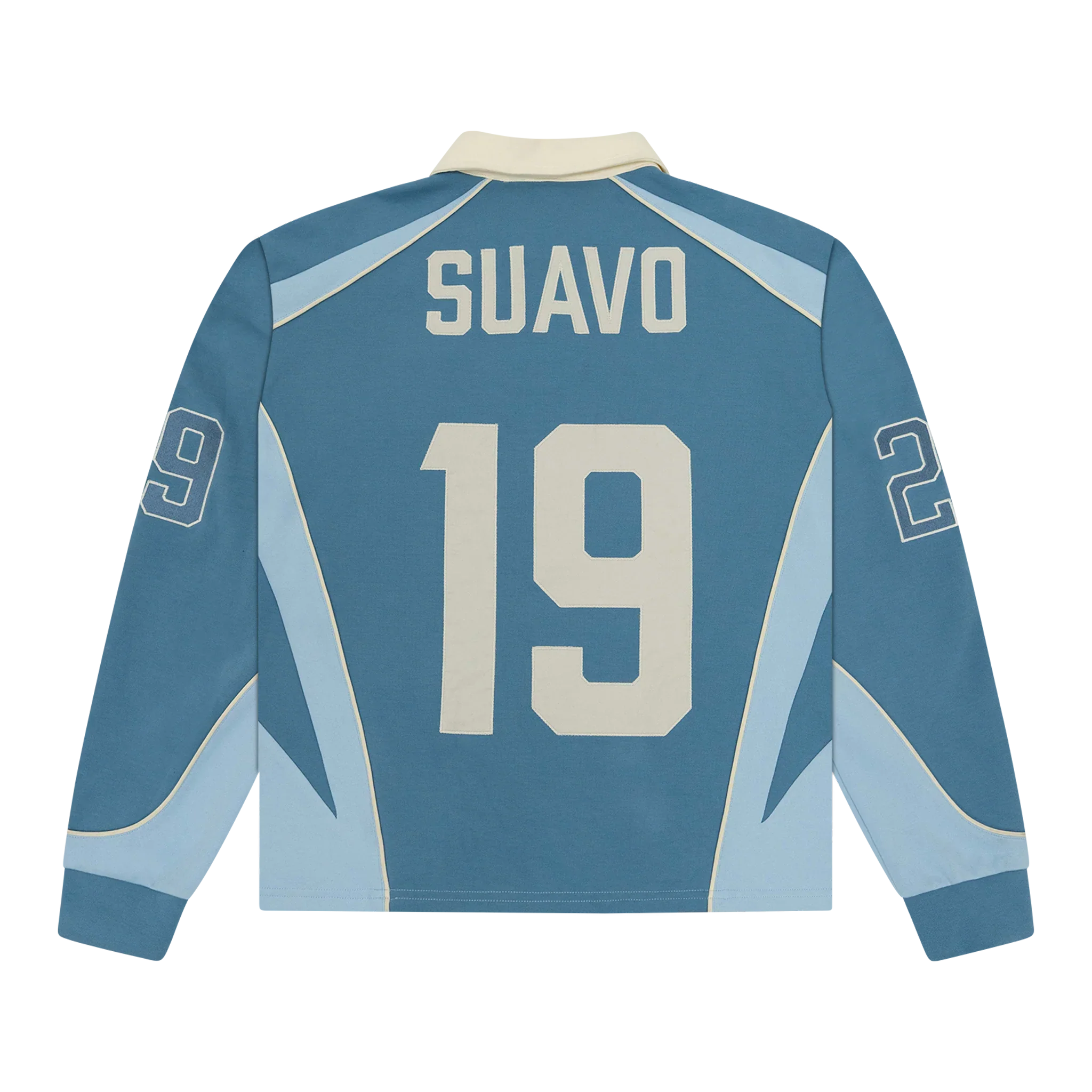 Suavo World Saint Valley rugby long sleeve polo shirt in powder blue with number 19 back design