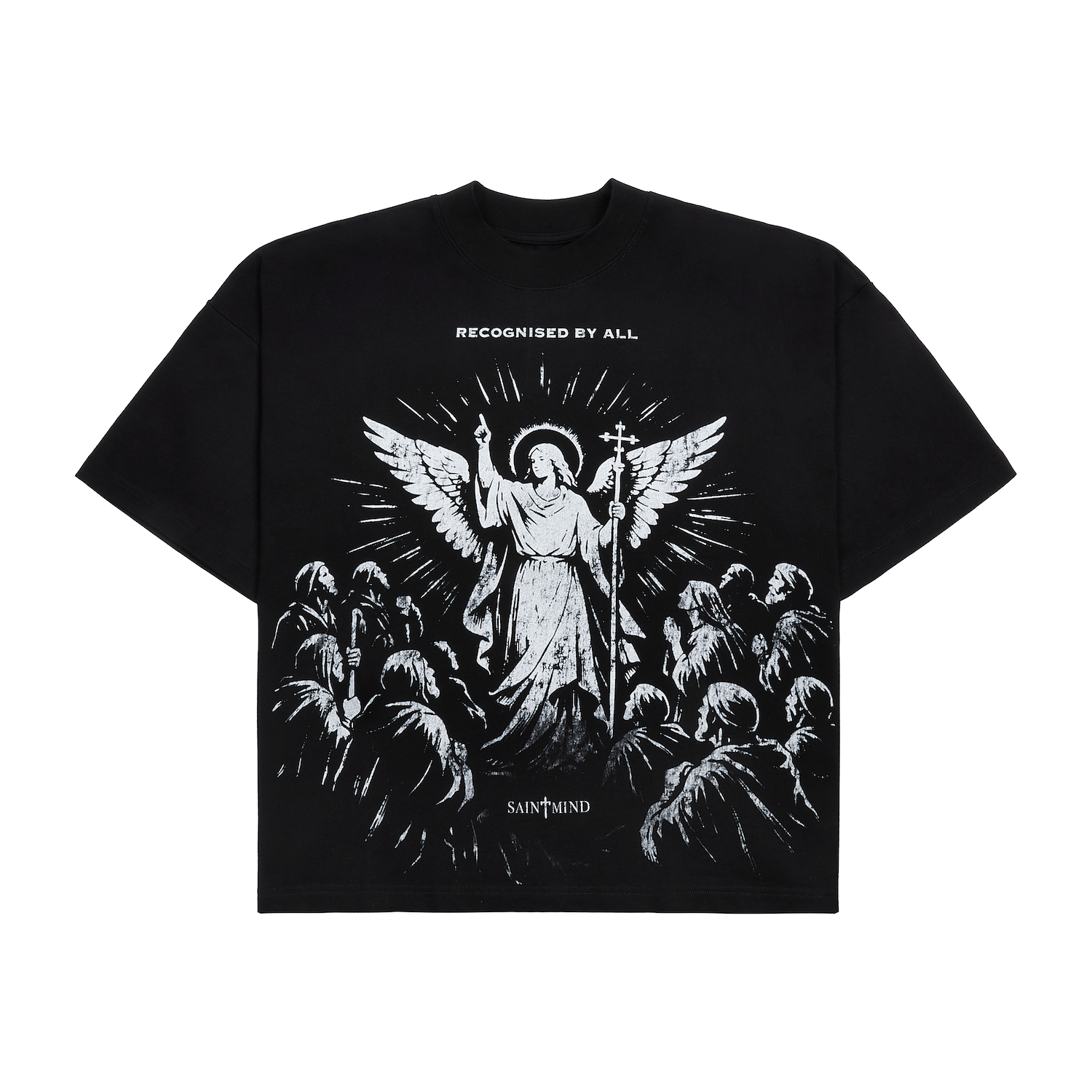 Saint Mind oversized black cotton T-shirt with front logo, model wearing medium size