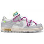Off-White x Dunk Low Lot 21 of 50 sneaker with gray and white design, pink laces, and signature details.