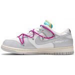 Off-White x Dunk Low Lot 21 of 50 sneaker with white base, grey overlay, and magenta laces.