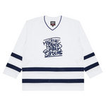 Supreme x Martithe Francois Girbaud white hockey jersey with navy graphics.