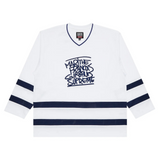 Supreme x Martithe Francois Girbaud white hockey jersey with navy graphics.