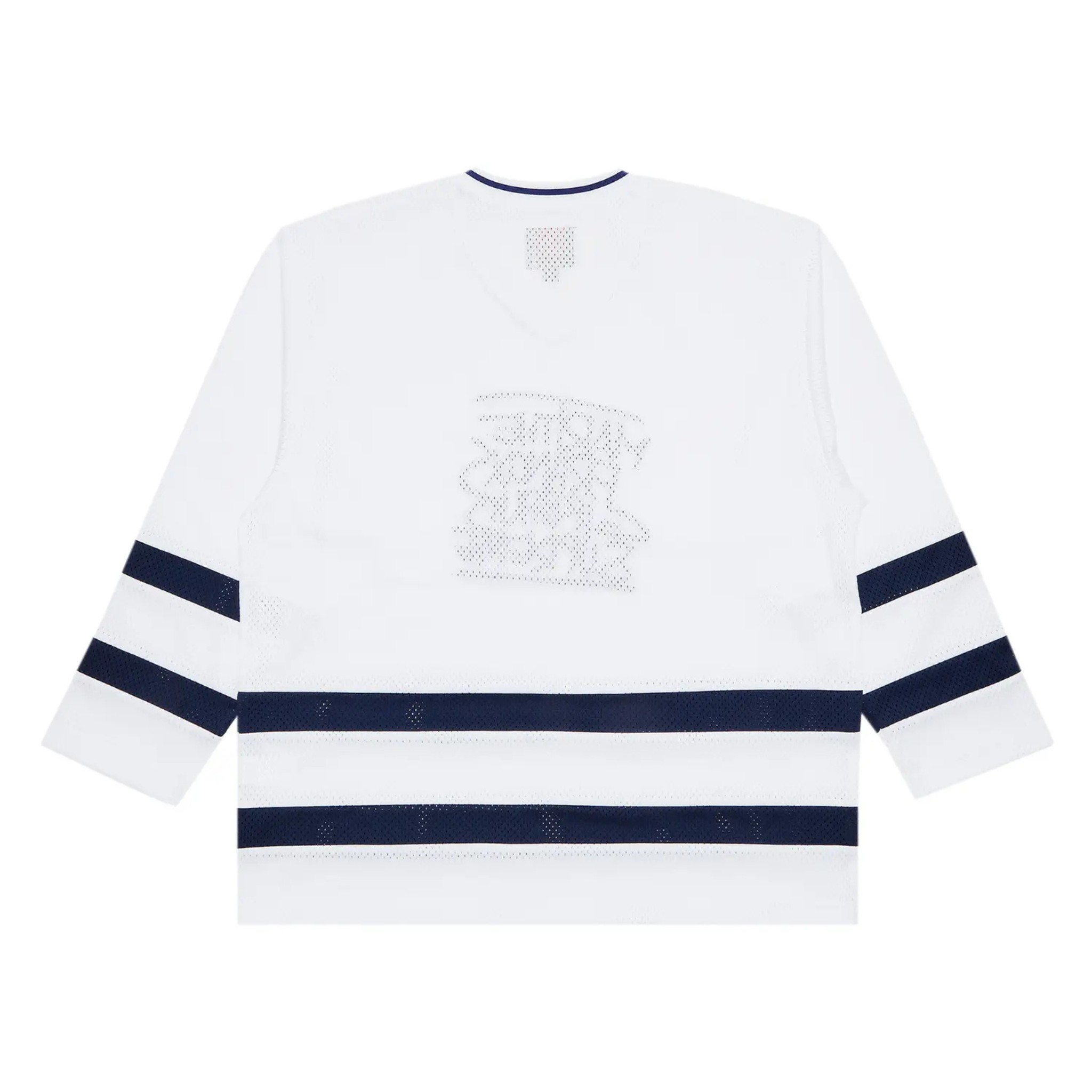Supreme x Martithe Francois Girbaud white hockey jersey with black stripes.