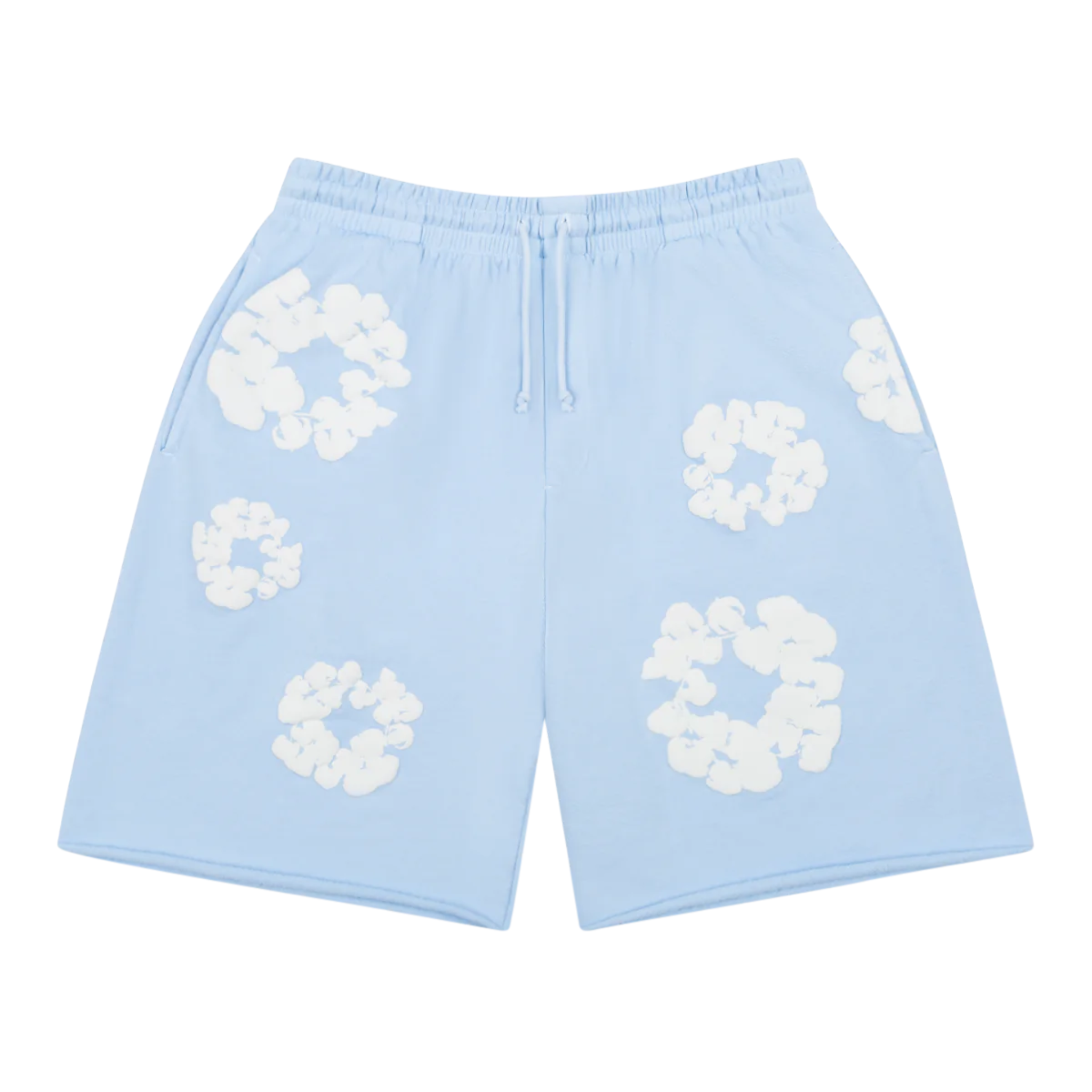 Denim Tears The Cotton Wreath Sweatshorts in Powder Blue with white wreath design.
