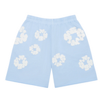 Denim Tears The Cotton Wreath Sweatshorts in Powder Blue with white wreath pattern.