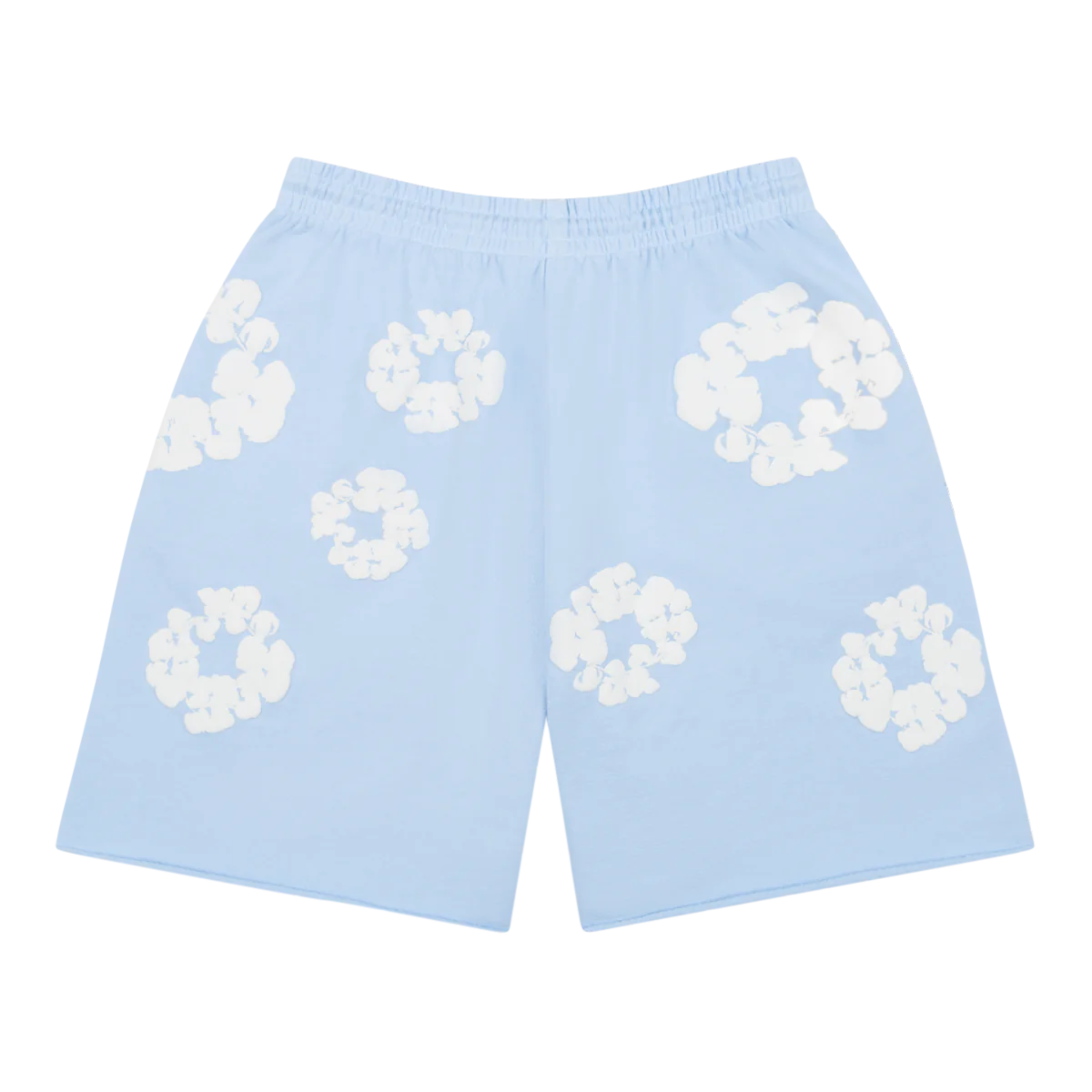 Denim Tears The Cotton Wreath Sweatshorts in Powder Blue with white wreath pattern.