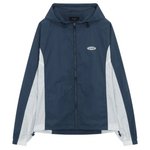 Siarr Orbit Windbreaker Marine Blue with hood, silicone logo, and side pockets.