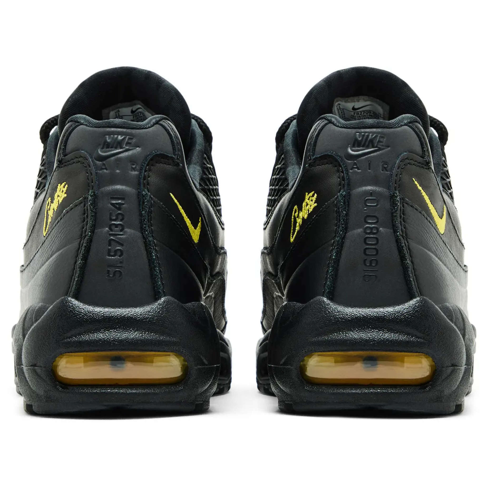 Corteiz x Air Max 95 SP Black Tour Yellow sneakers, rear view.
