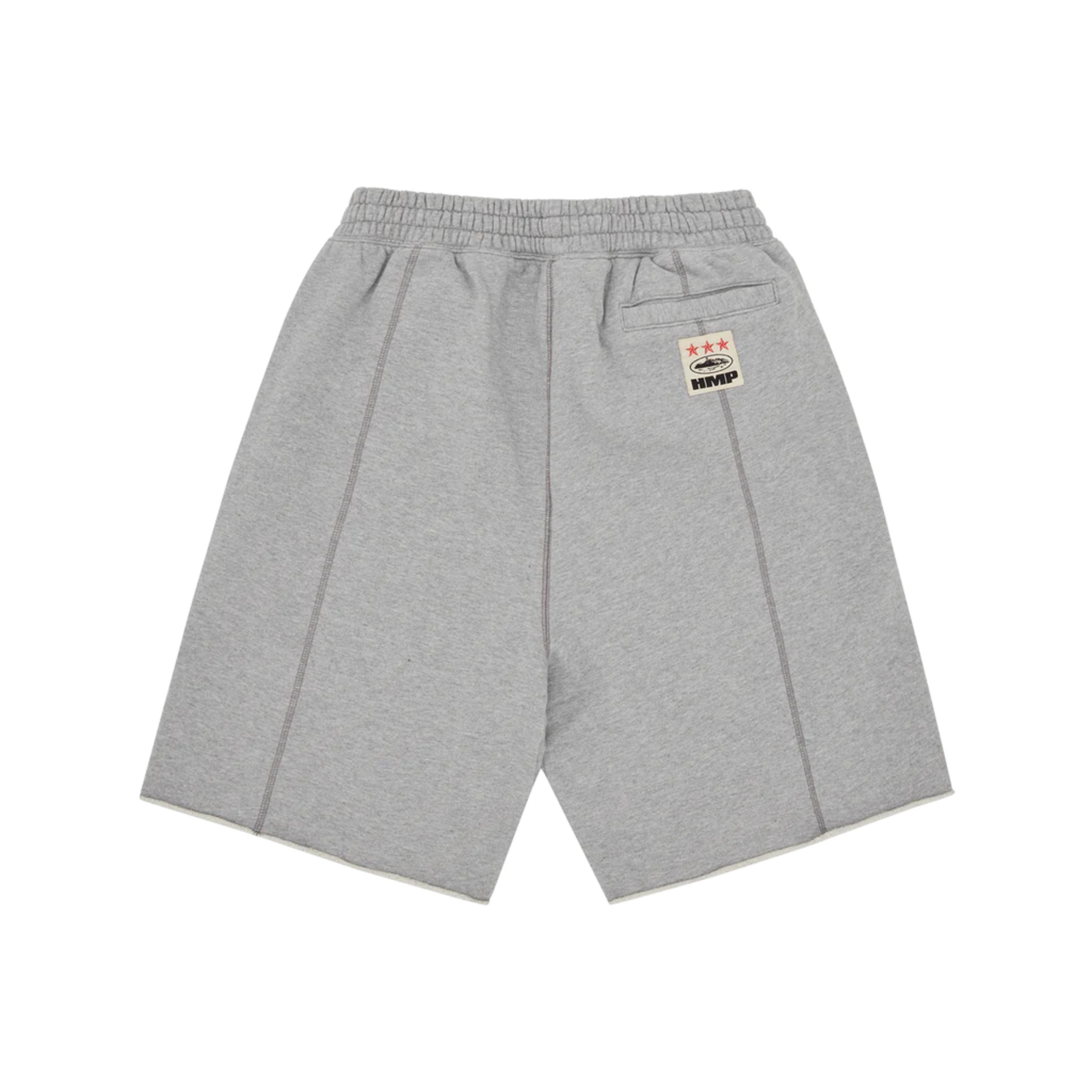 Corteiz HMP Raw Hem Shorts in Heather Grey.