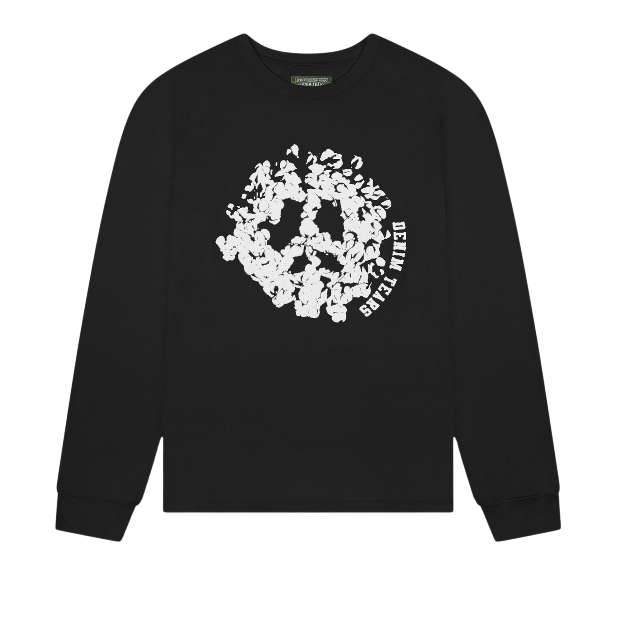Denim Tears Peace Wreath Long Sleeve Black shirt with white wreath design on front.