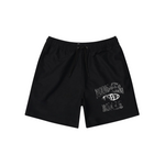 Suavo World Hidden Hills black swim shorts with graphic design.