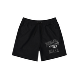 Suavo World Hidden Hills black swim shorts with graphic design.