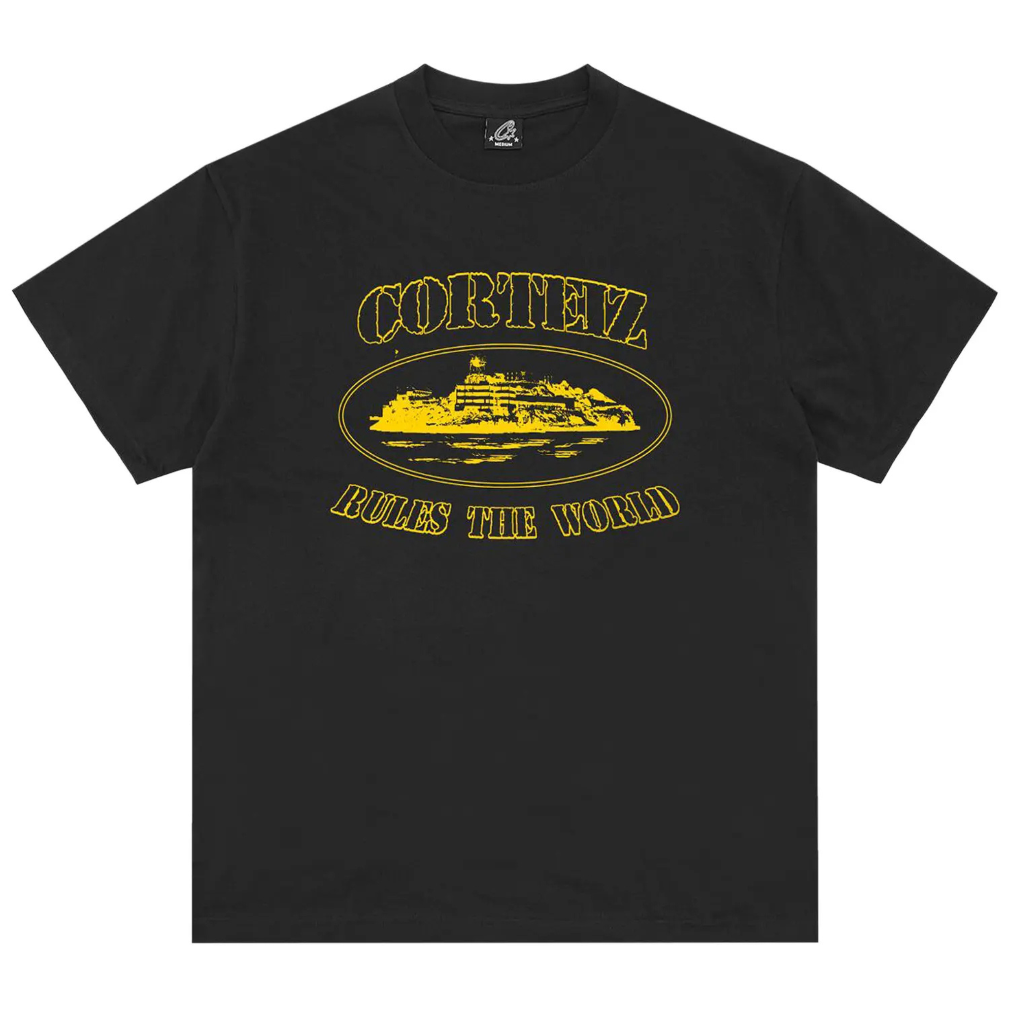 Corteiz OG Alcatraz Tee in black with yellow graphic design.