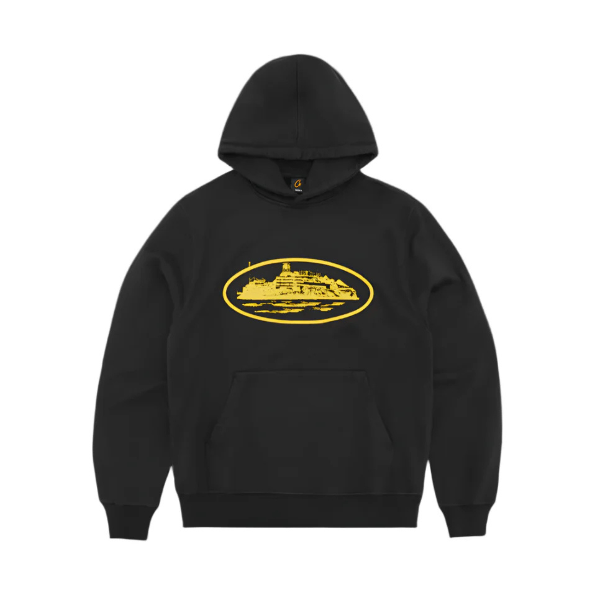 Corteiz Alcatraz Hoodie 2025 in black with yellow design.