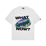 Broken Planet What Now white T-shirt with colorful globe design.