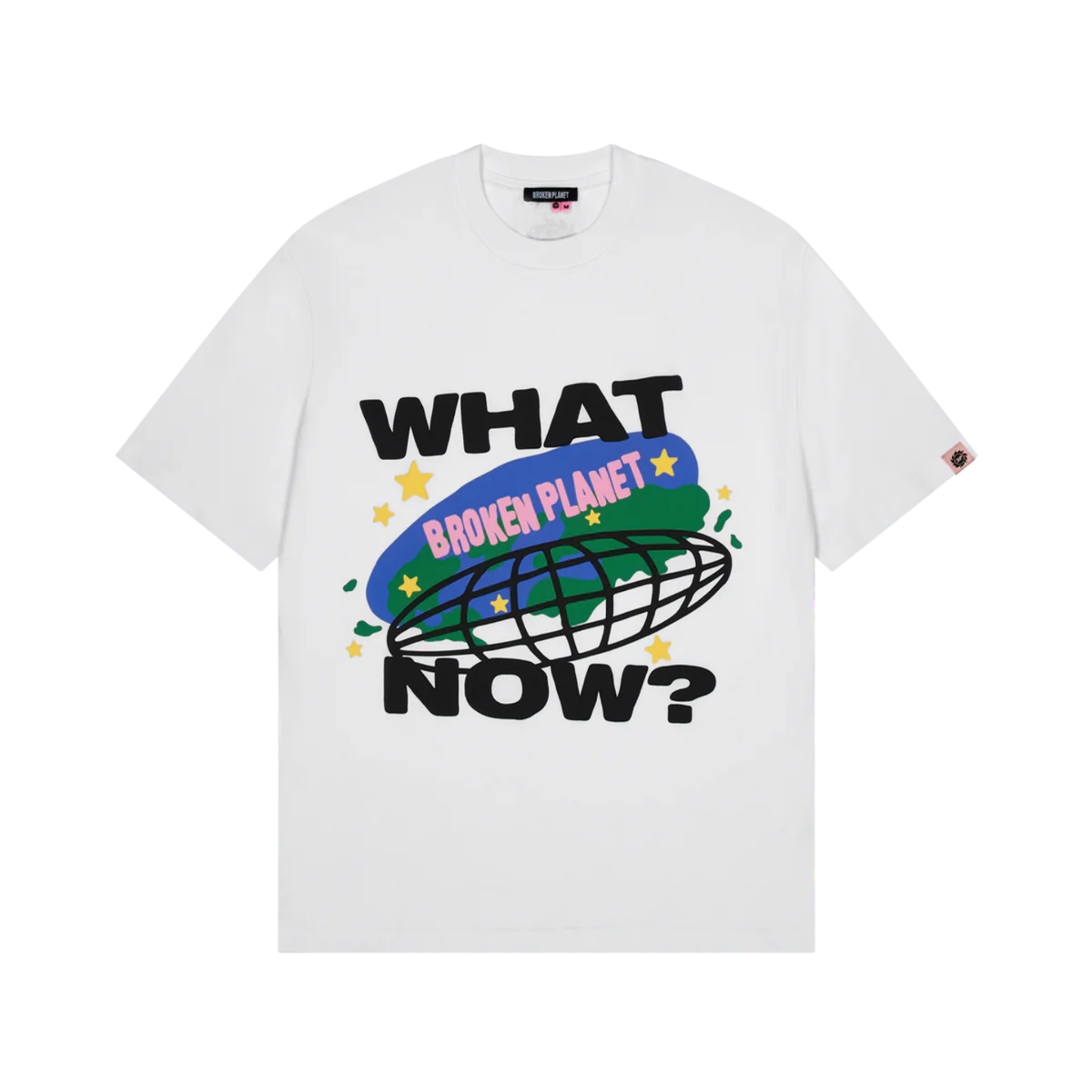 Broken Planet What Now white T-shirt with colorful globe design.