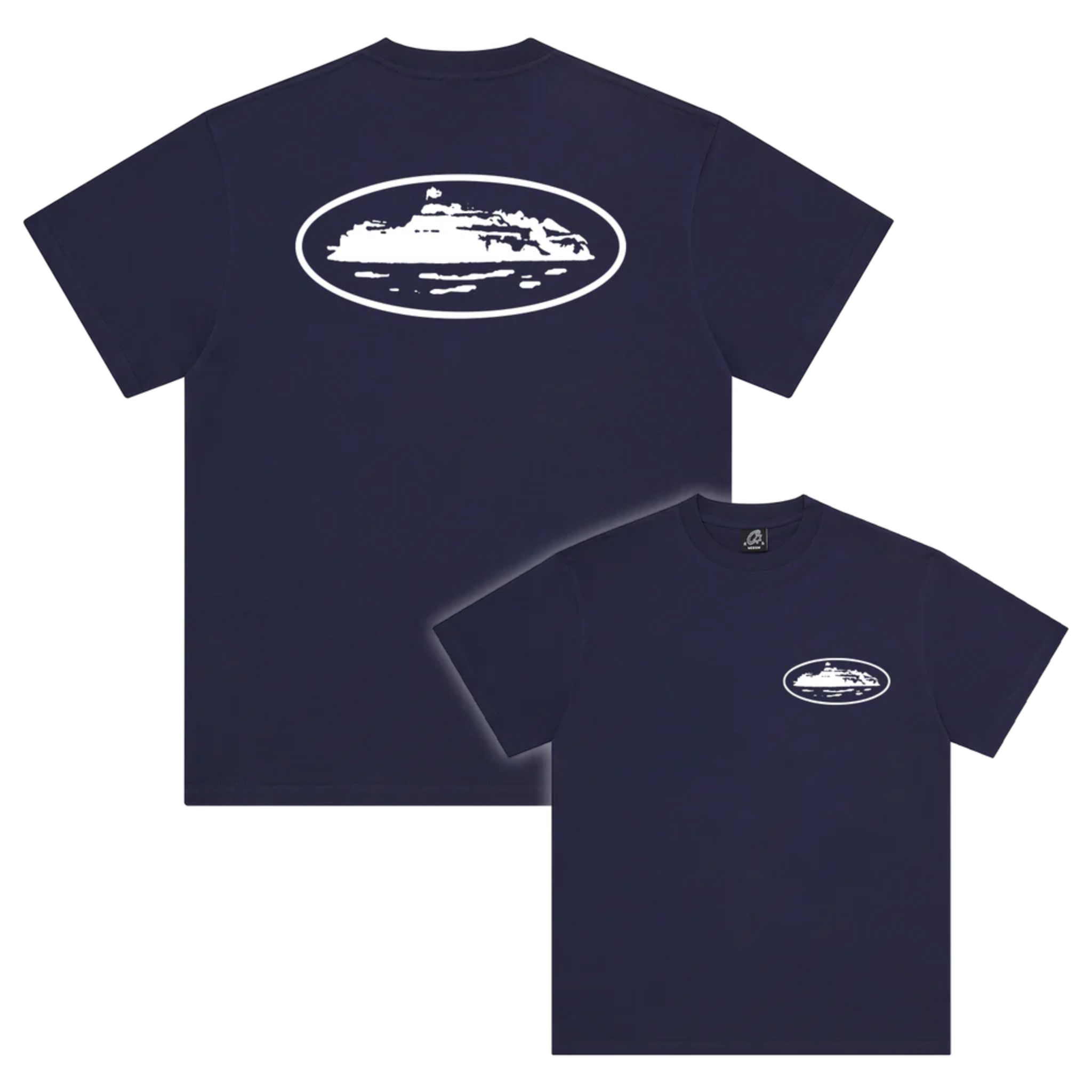 Corteiz OG Island Tee Navy with island graphic print on front and back.