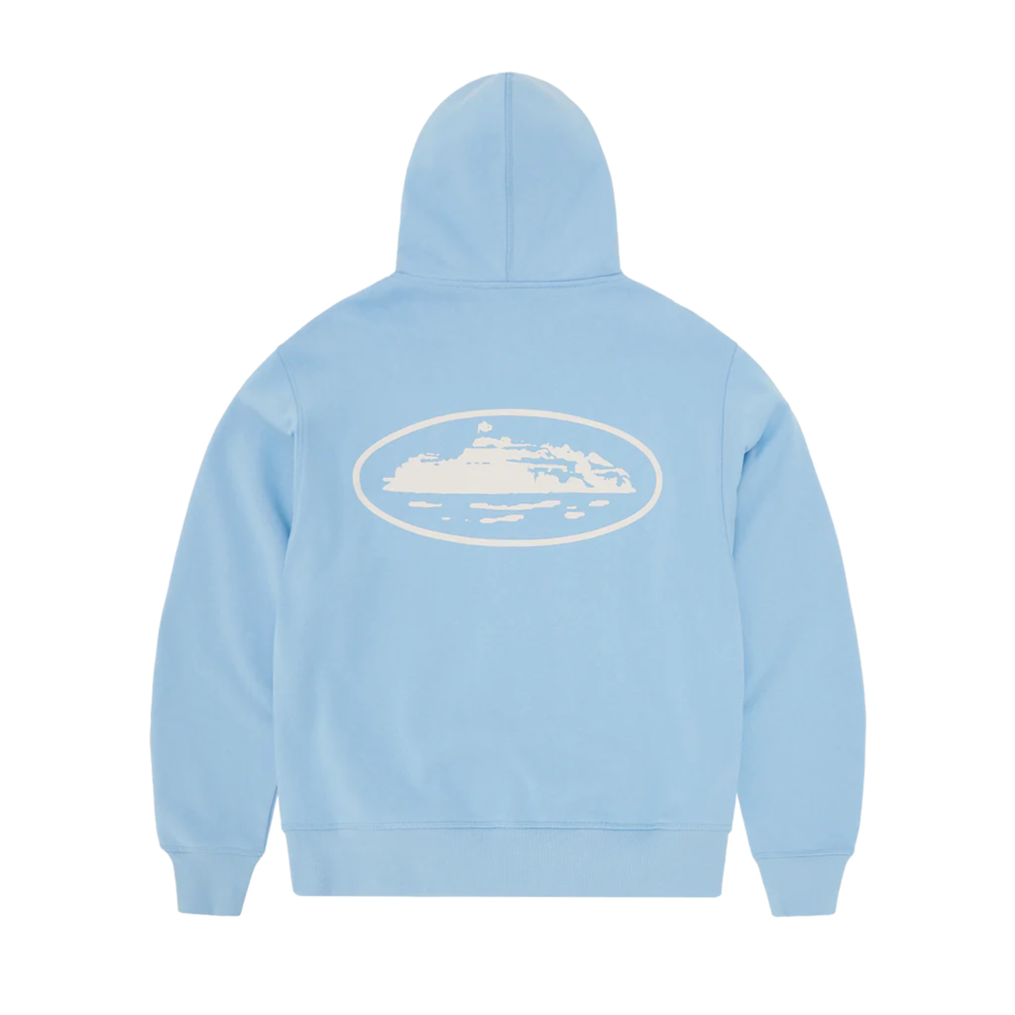 Corteiz Island Puff Print Zip Hoodie in Baby Blue featuring island design on back.