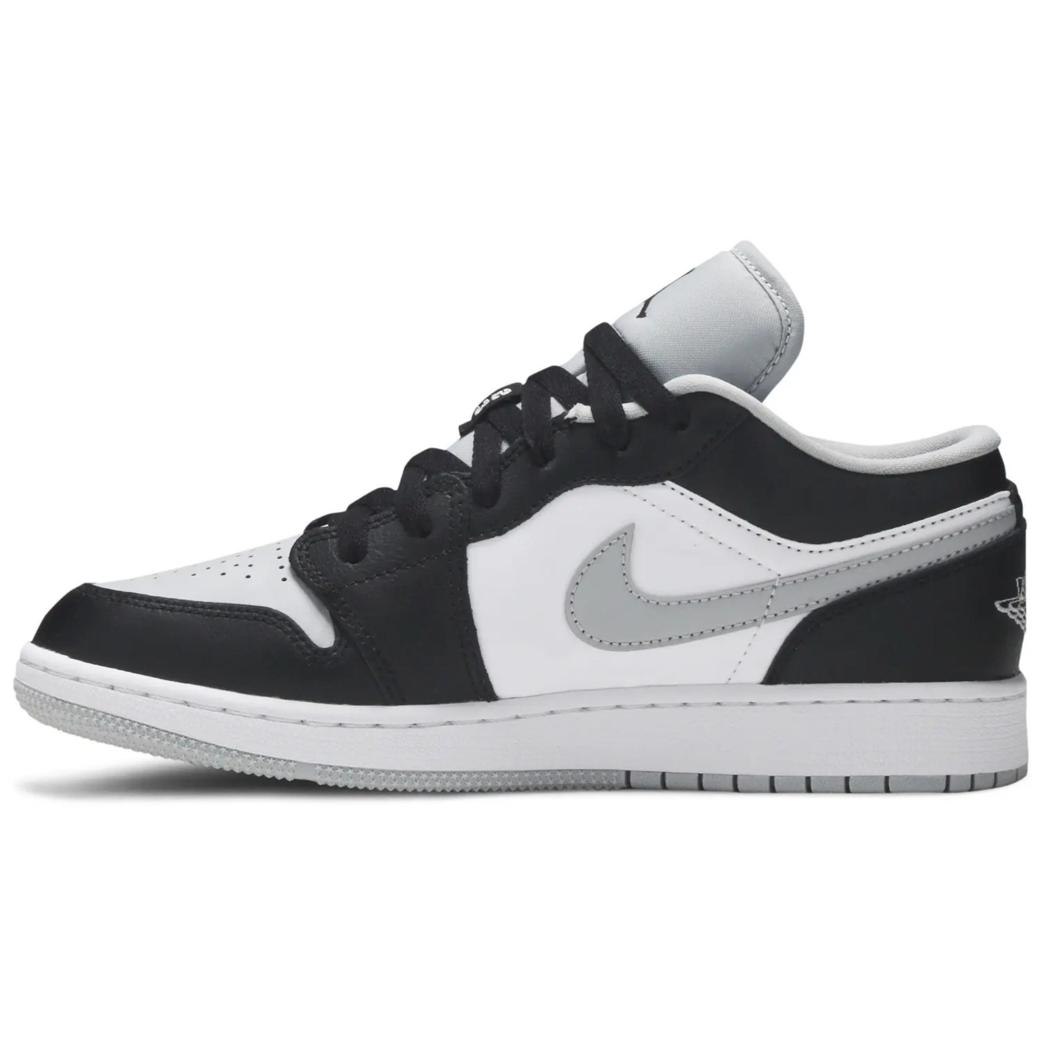 Air Jordan 1 Low GS Smoke Grey sneaker with black, white, and grey color scheme.