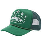 Green Corteiz 5 Starz Alcatraz trucker hat with mesh back and star design.