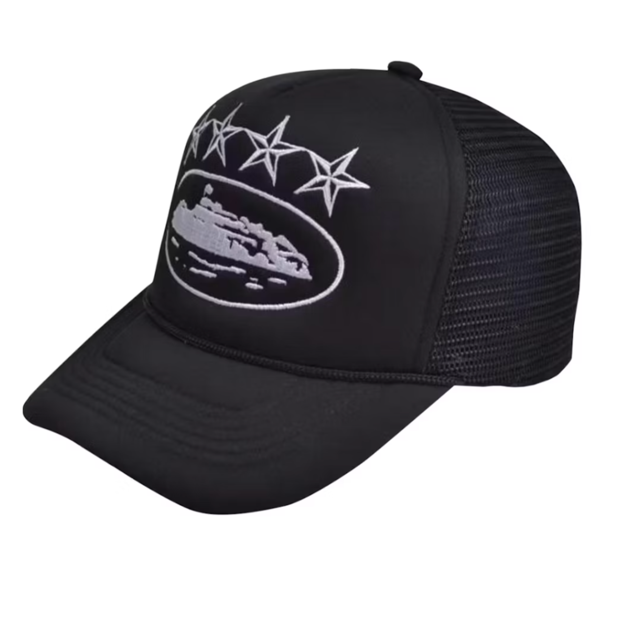 Corteiz 4Starz Alcatraz black trucker hat with embroidered stars.
