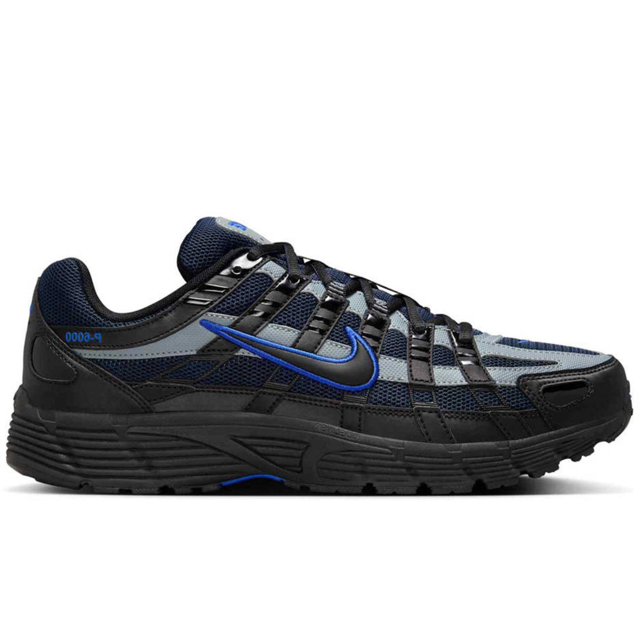 Nike P-6000 Black Obsidian running shoe with black and blue accents.