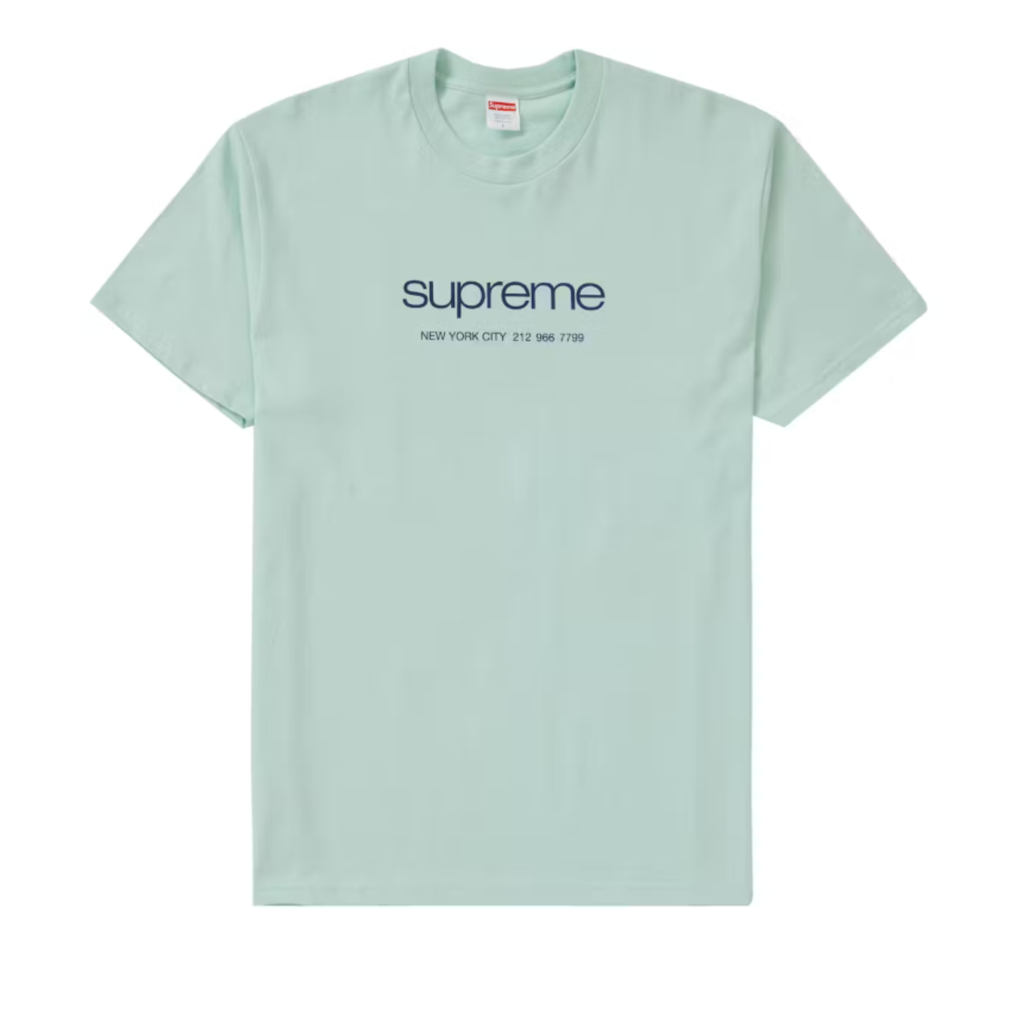 Light teal Supreme Shop Tee with navy logo and New York City text on front