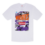 White Supreme Wheaties Tee with purple camouflage and orange Wheaties logo on front