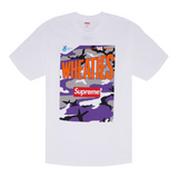 White Supreme Wheaties Tee with purple camouflage and orange Wheaties logo on front