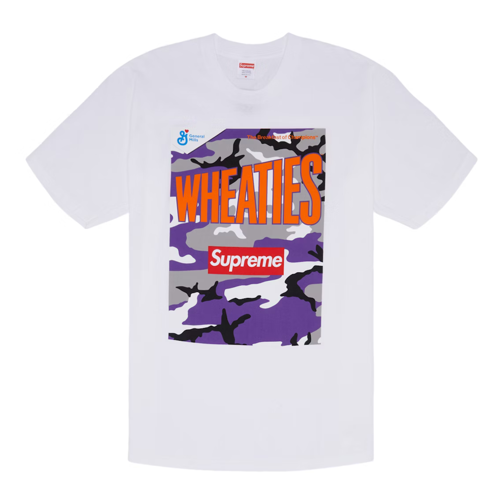 White Supreme Wheaties Tee with purple camouflage and orange Wheaties logo on front