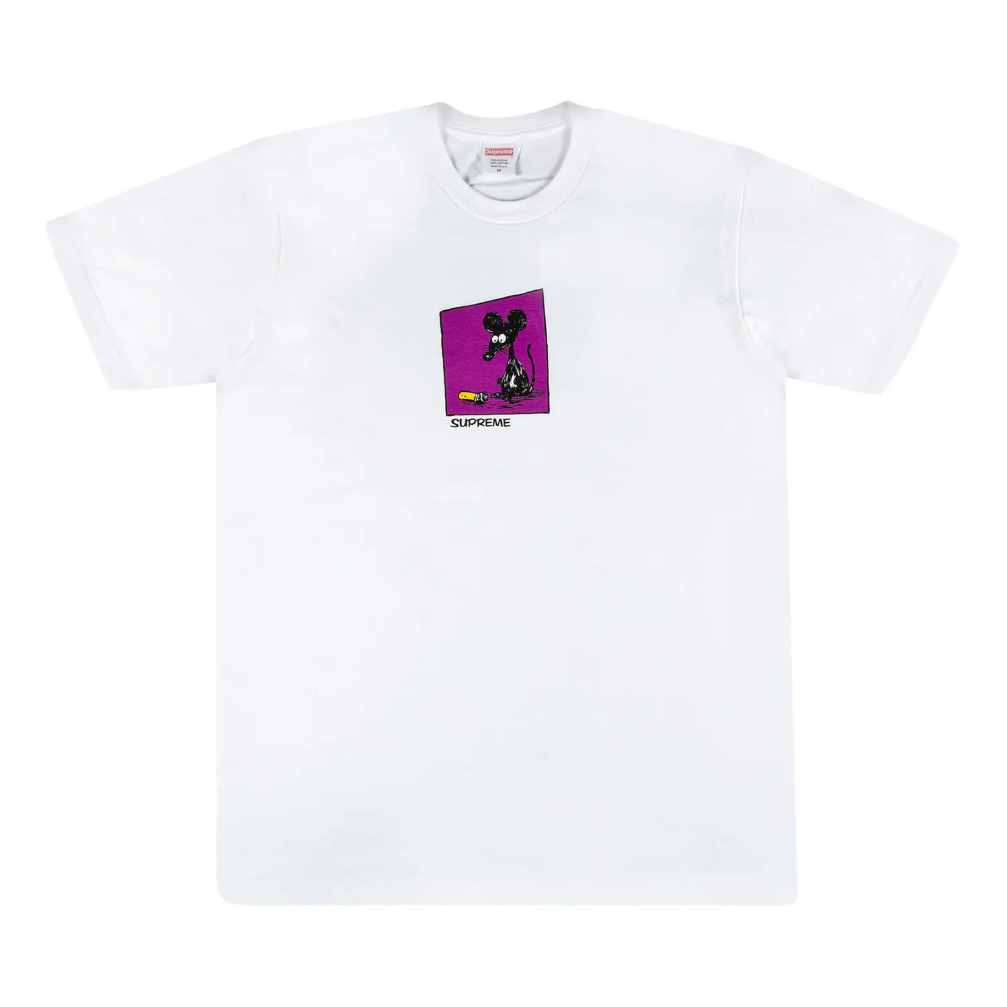 White Supreme Mouse Tee featuring a graphic mouse design on a purple square background