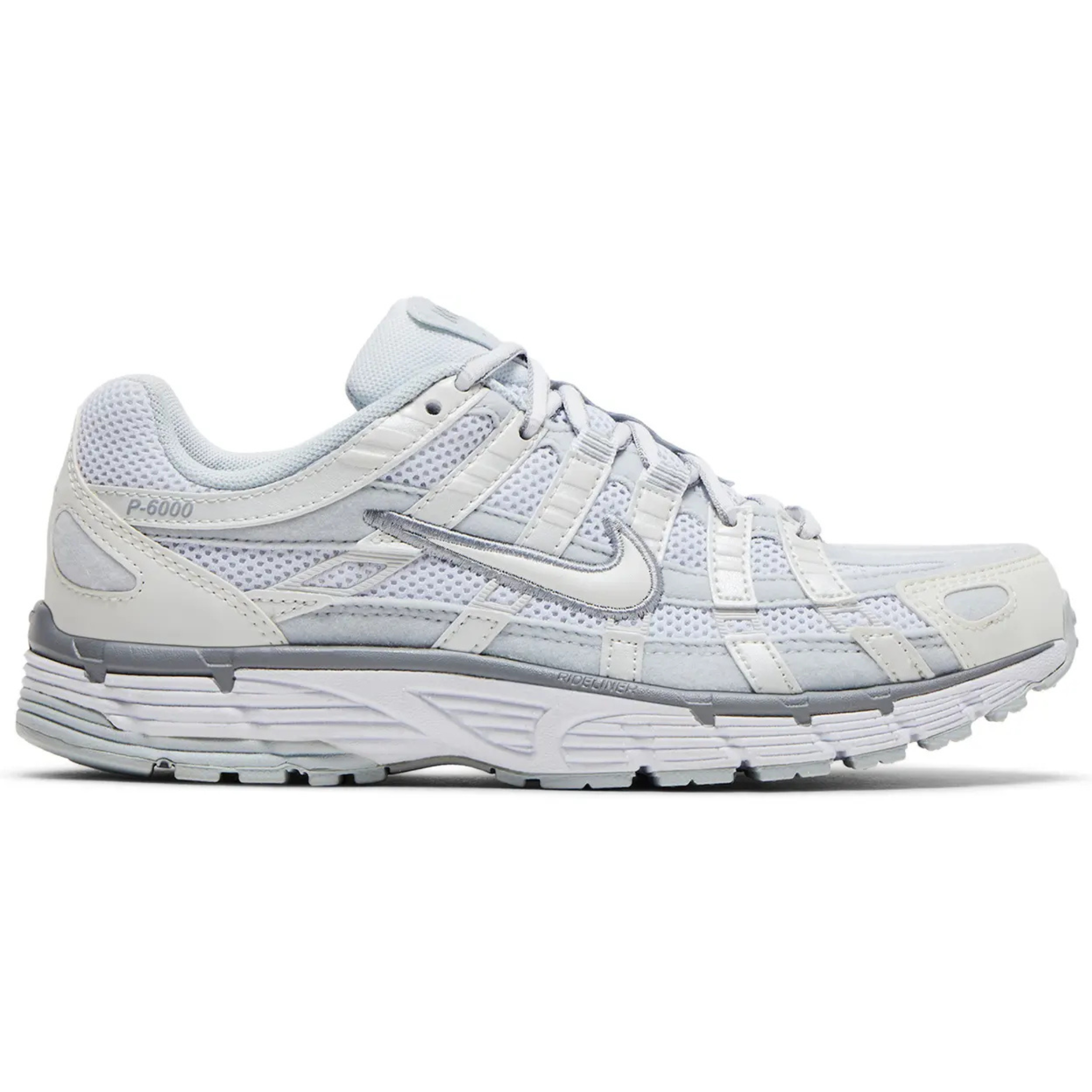 Wmns P-6000 Metallic Summit White women's running shoe with mesh and synthetic overlay design