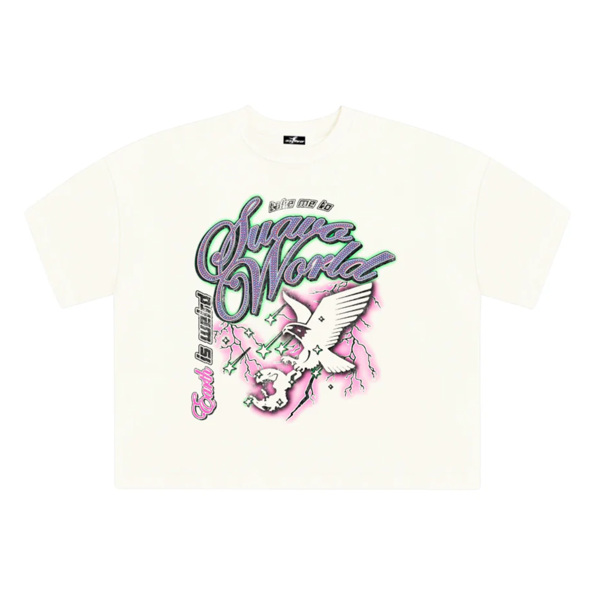 White heavyweight t-shirt with colorful Suavo World graphic and eagle design