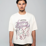 Man wearing white Suavo World Take Me 2 Heavyweight Tee with graphic print