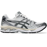 Gel Kayano 14 running shoe in white and graphite grey with cushioned sole