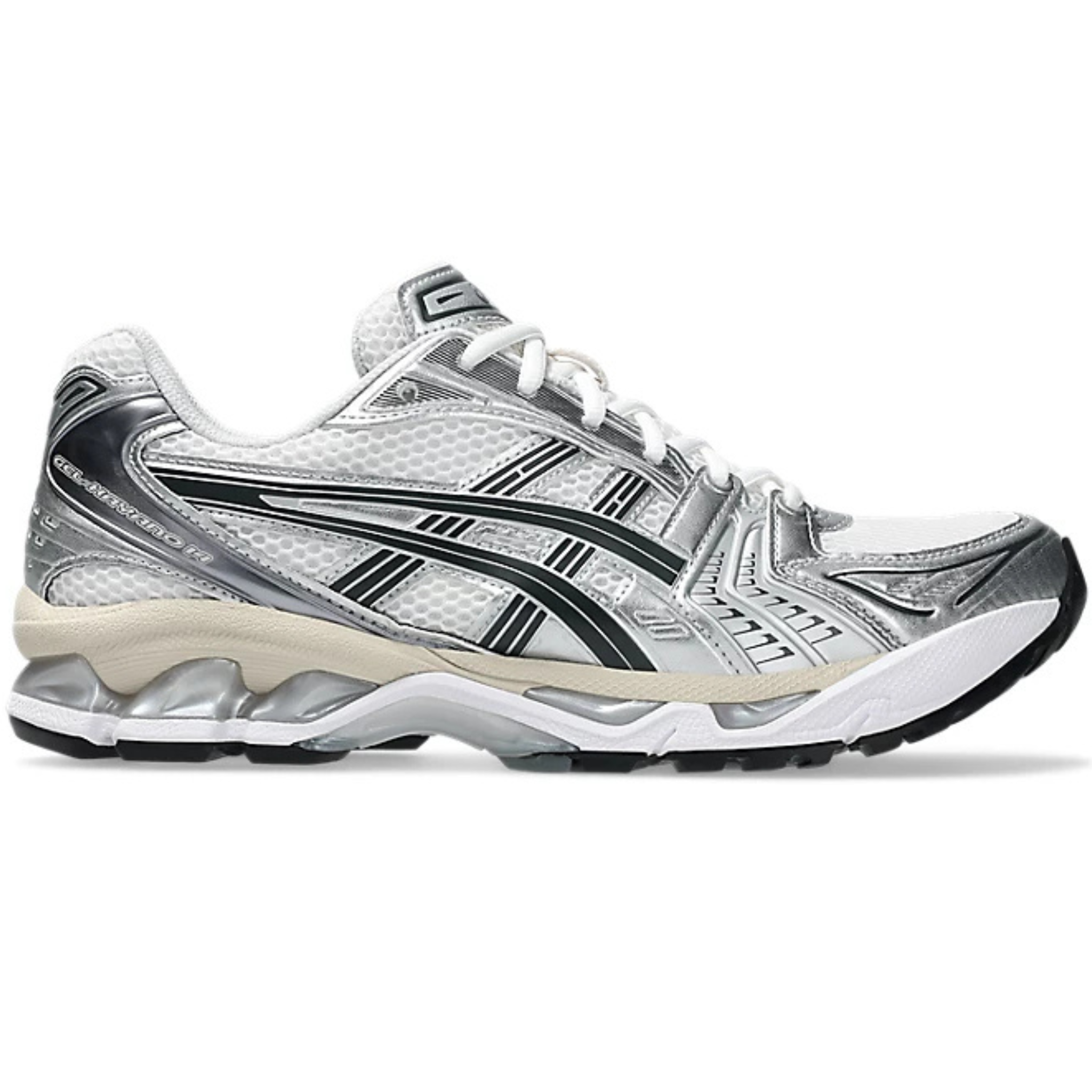 Gel Kayano 14 running shoe in white and graphite grey with cushioned sole