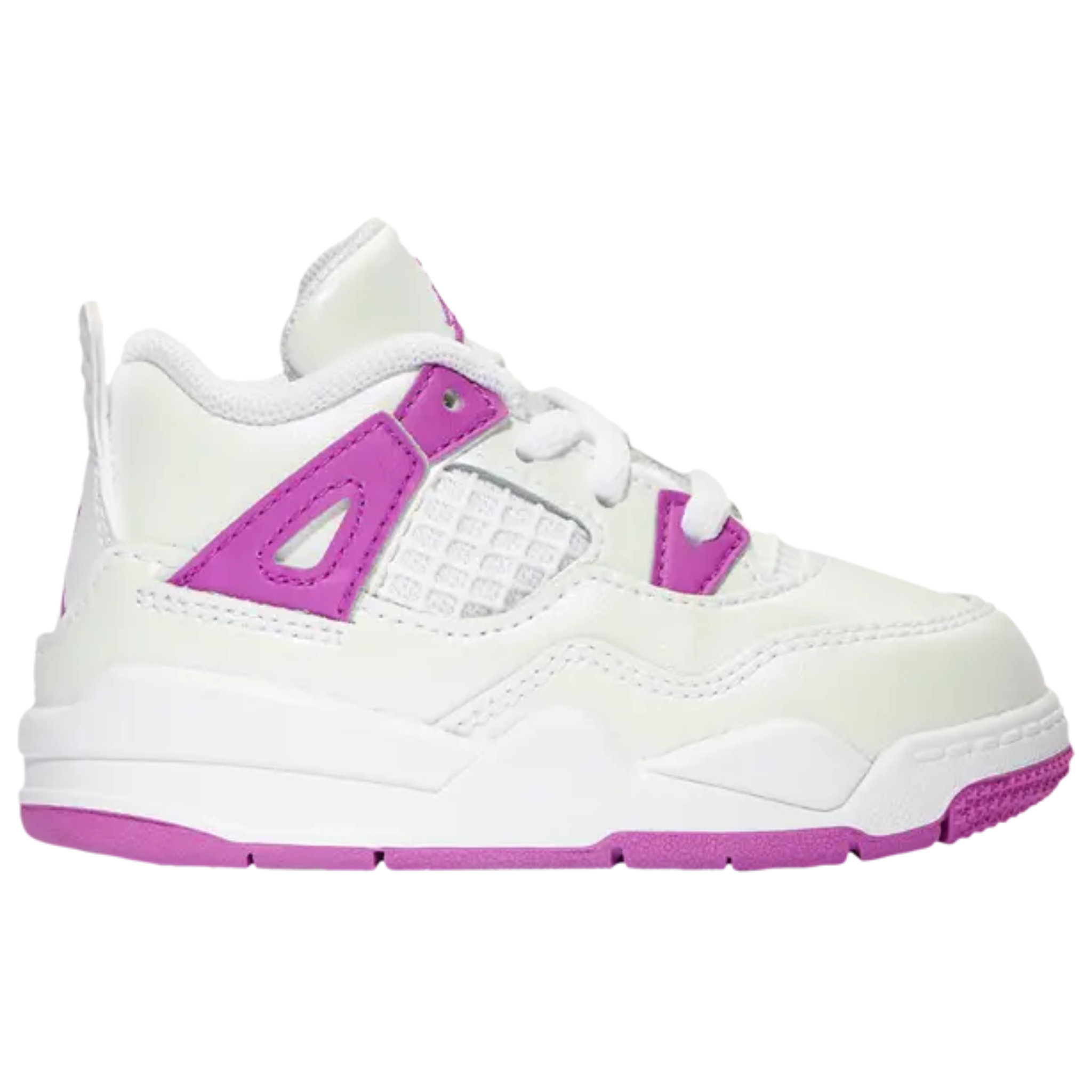 White and hyper violet Air Jordan 4 Retro TD sneaker for toddlers side view