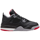 Black and red Air Jordan 4 Retro PS Bred Reimagined sneaker with mesh side panels and white midsole