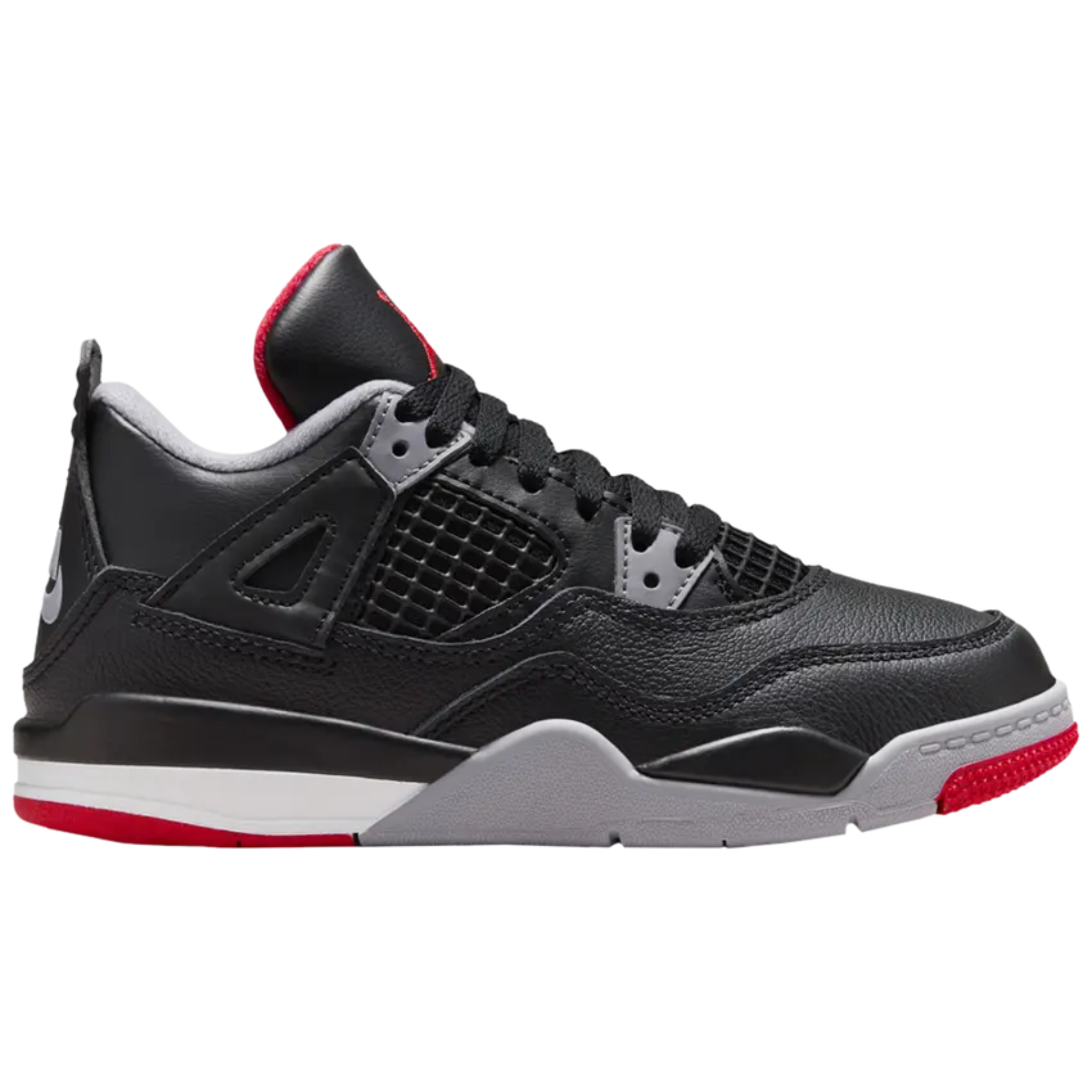 Black and red Air Jordan 4 Retro PS Bred Reimagined sneaker with mesh side panels and white midsole