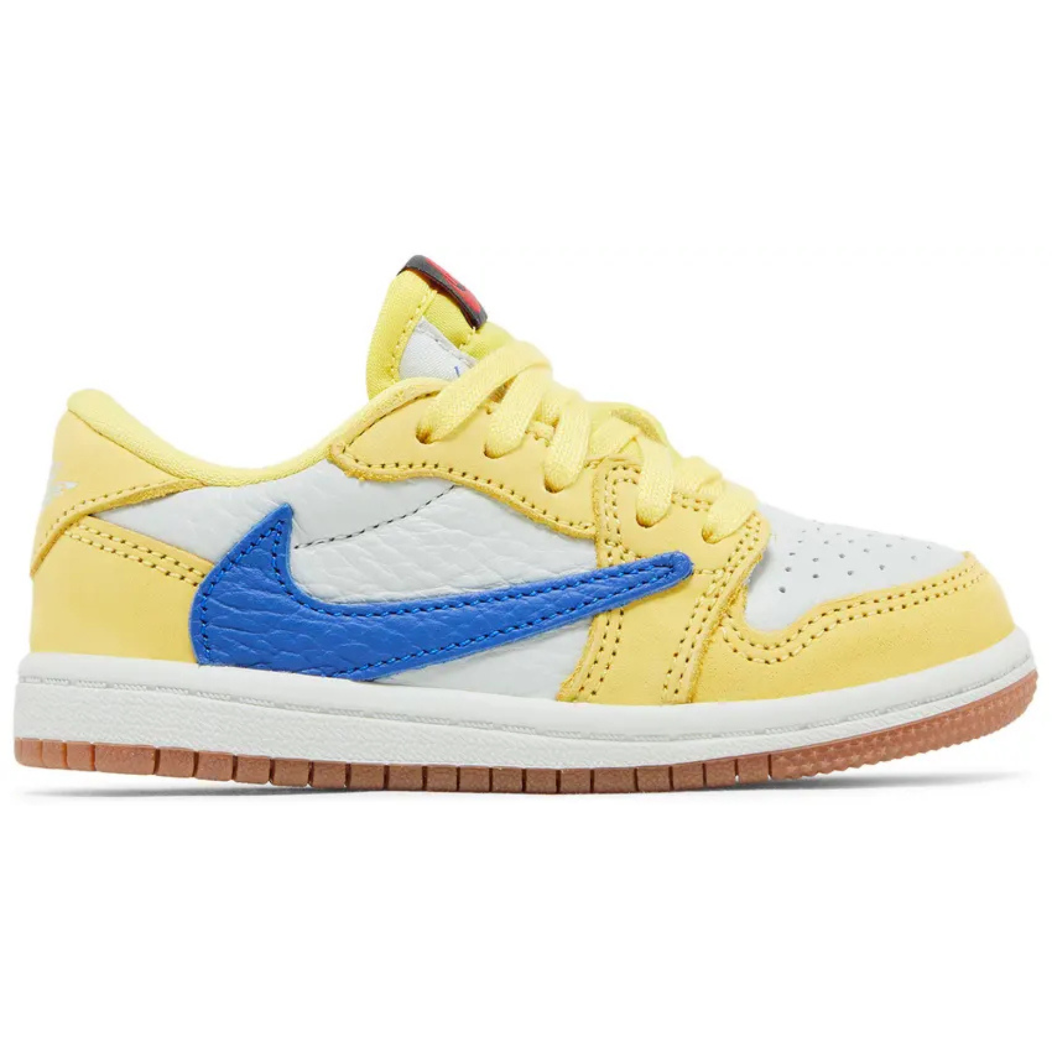 Travis Scott x Air Jordan 1 Retro Low OG SP TD sneaker in yellow, white, and blue with gum sole