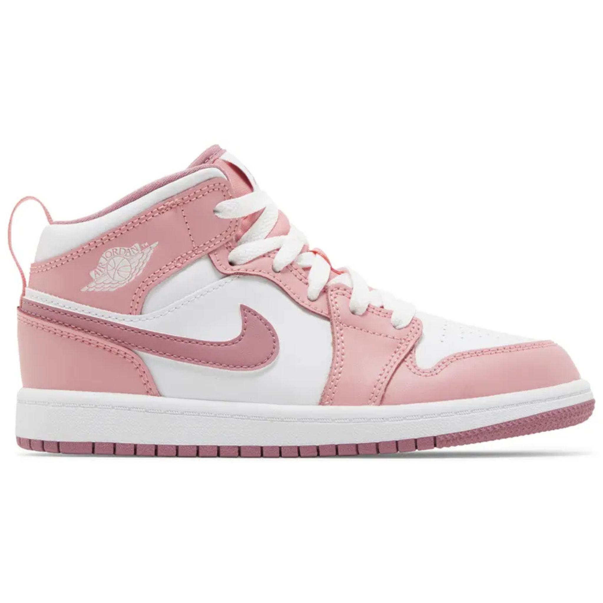 Pink and white Air Jordan 1 Mid sneaker for kids Valentine’s Day 2023 edition