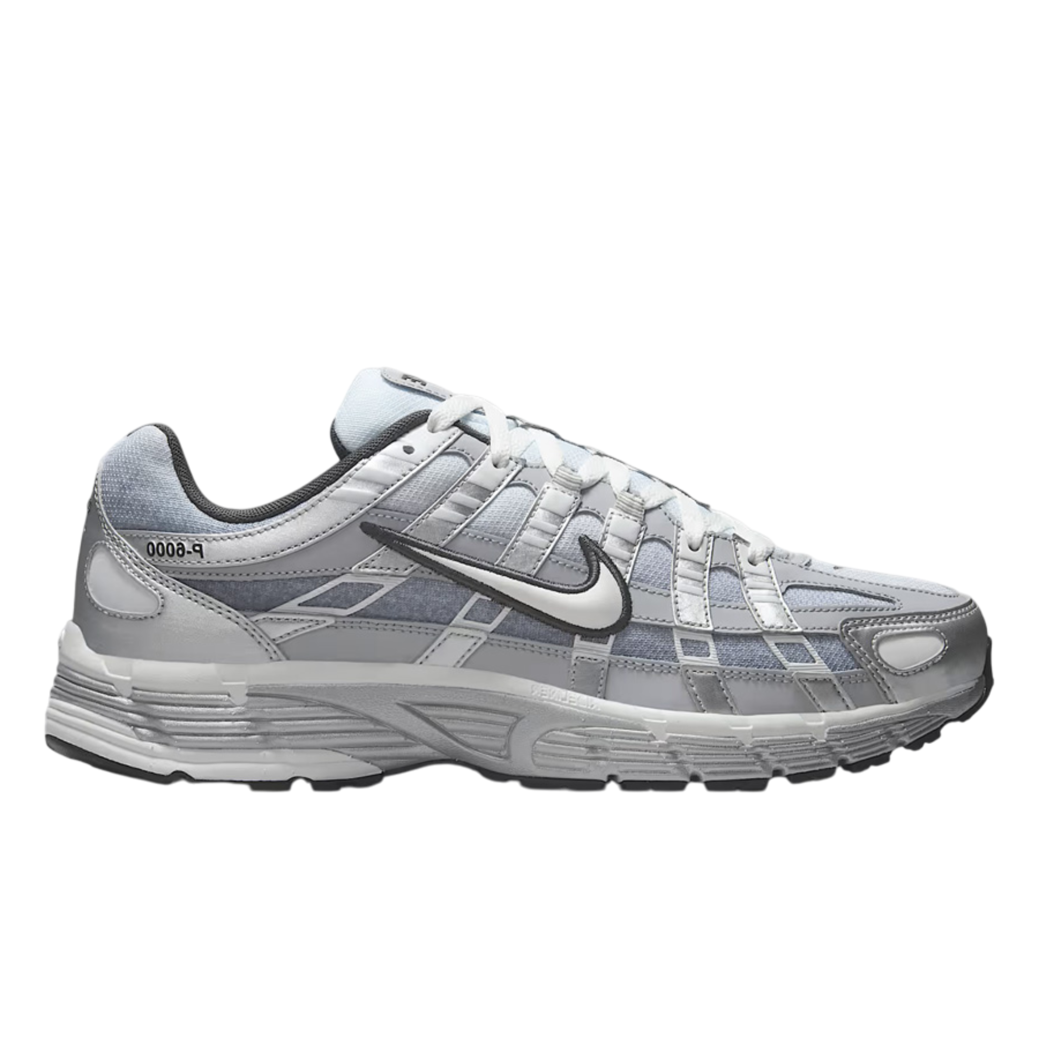 Nike P-6000 metallic silver and wolf grey running shoe side view