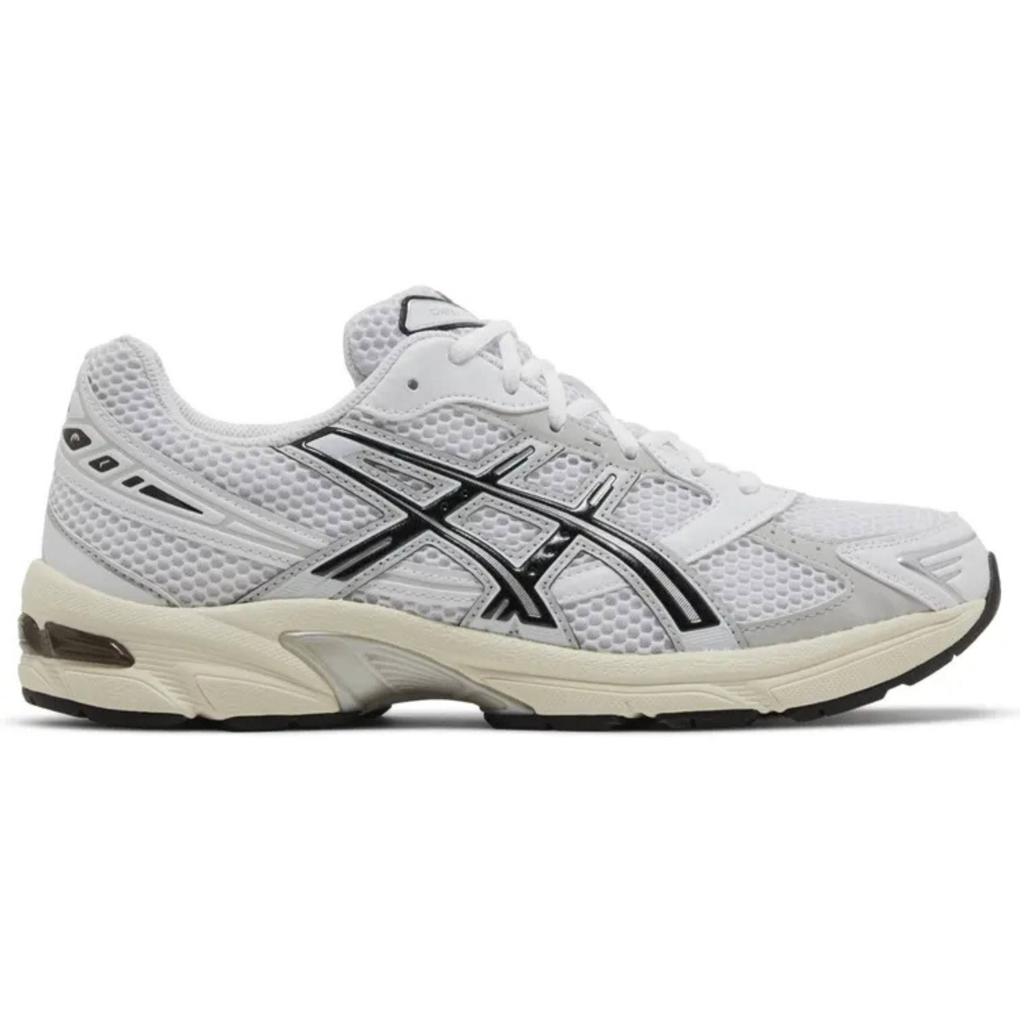 Gel 1130 white and cloud grey running shoe with black logo and breathable mesh upper