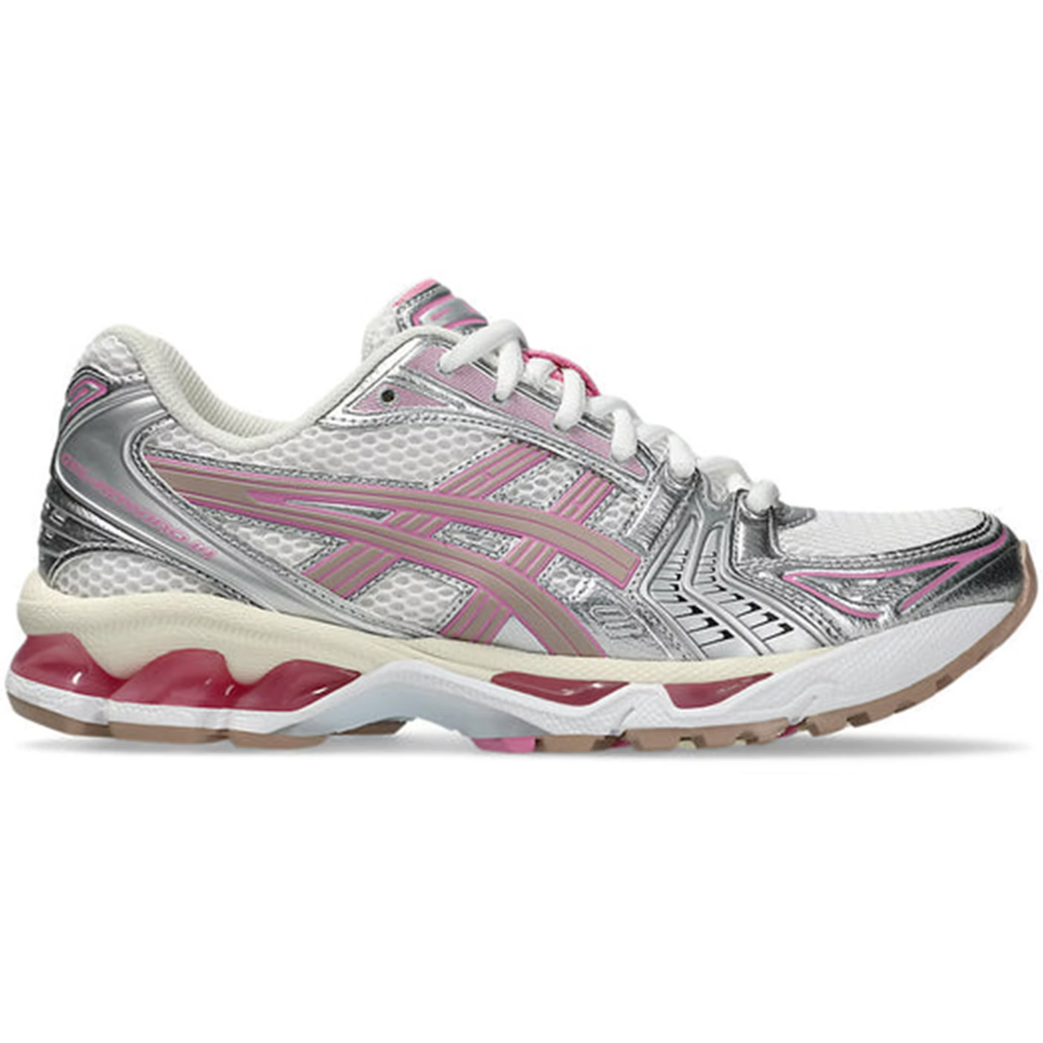 White Fawn Gel Kayano 14 running shoe with pink and silver accents