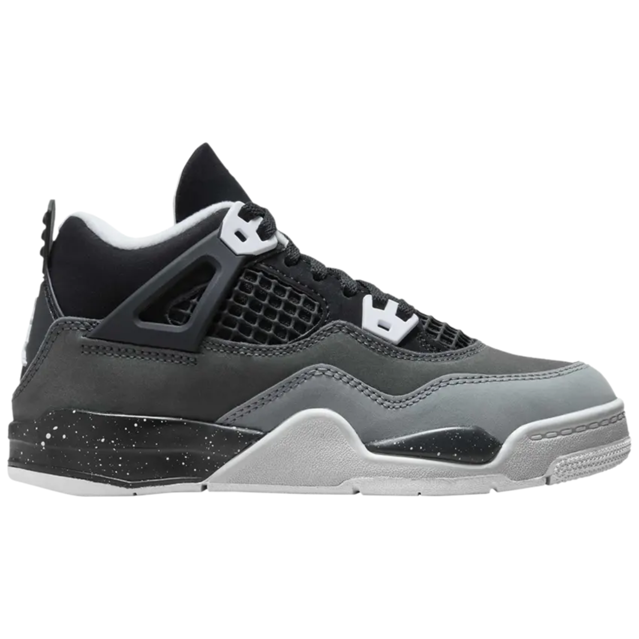 Side view of black and grey Air Jordan 4 Retro PS Fear 2024 sneaker with speckled midsole
